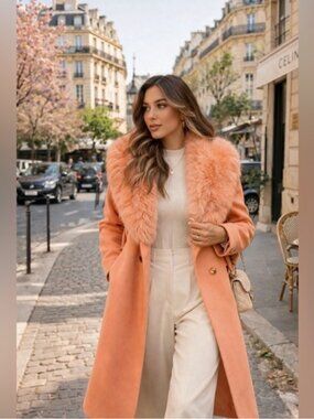 NET - Chic Pink removable Faux Fur Collar Coat gold buttons belt pocket